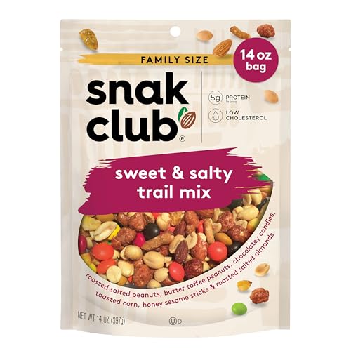 Snak Club Sweet and Salty Trail Mix with Peanuts, Butter Toffee Peanuts, Chocolatey Candies, Toasted Corn, Honey Sesame Sticks, and Almonds, Kosher