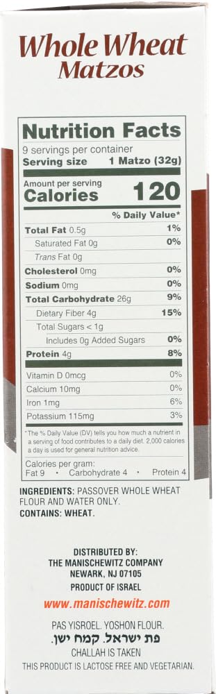 Manischewitz Unsalted Whole Wheat Matzo, 10 oz (3 Pack) Thin, Crisp & Delicious | Certified Kosher - Including Passover | Just 2 Ingredients!