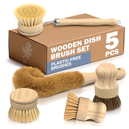5 Pcs Bamboo Dish Brush Set - Bamboo Dish Scrubber with Soft & Stiff Non-Scratch Bristles, Ergonomic Handle, Replacement Head Included - Lightweight