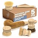 5 Pcs Bamboo Dish Brush Set - Bamboo Dish Scrubber with Soft & Stiff Non-Scratch Bristles, Ergonomic Handle, Replacement Head Included - Lightweight
