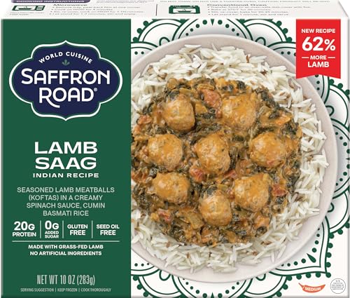 Saffron Road Frozen Lamb Saag - High Protein, Seed Oil Free, Made with Grass Fed Lamb, No Artificial Ingredients, Gluten-Free - 10 Ounce