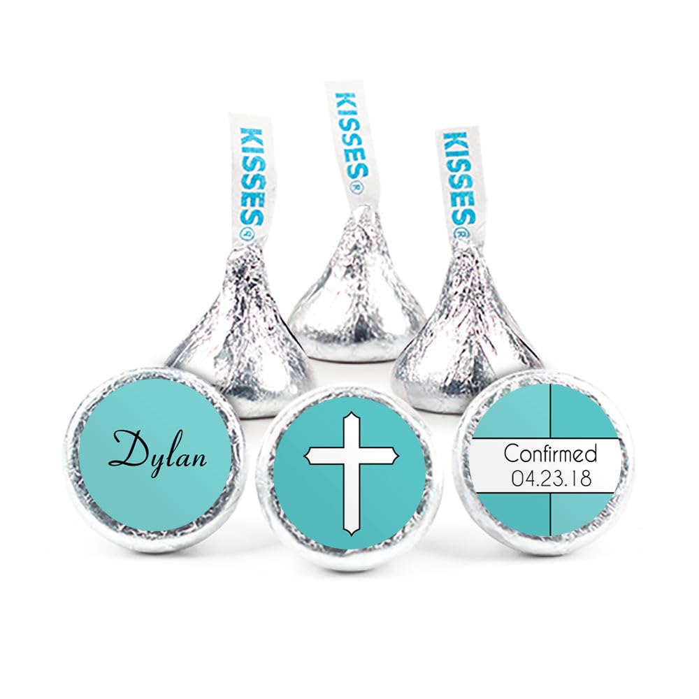 108ct DIY Personalized Confirmation Kiss Sticker Favors - Pool Blue Cross