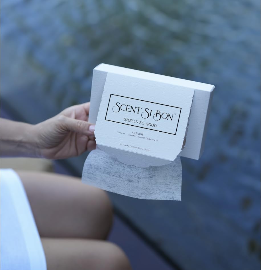Scent Si Bon Luxury Scented Dryer Sheets, 50 Sheets, Le Beige Scent With Saffron, Jasmine, Sweet Cedarwood, Fragrant Clothing Freshener, Fabric