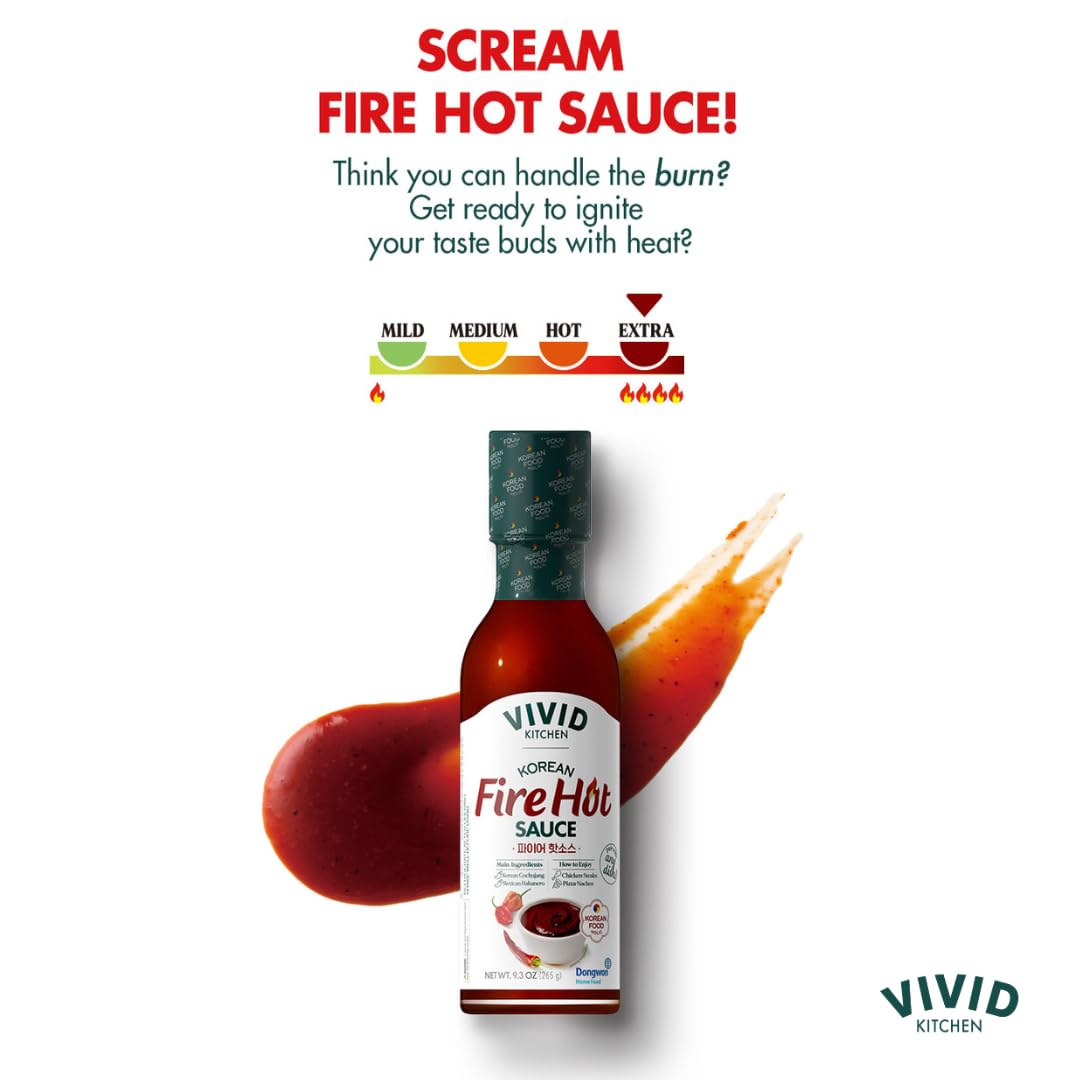 VIVID KITCHEN Fire Hot Sauce - Korean Fusion Extra Spicy Sauce - 8.6 oz Bottle - Bold Heat & Flavor - No MSG or Preservatives - Perfect for Topping