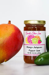 Mango Jalapeno Pepper Jam Taste the Tropics with our award-winning Mango Jalapeno Pepper Jam! No corn syrup. Vegan, plant based and delicious!