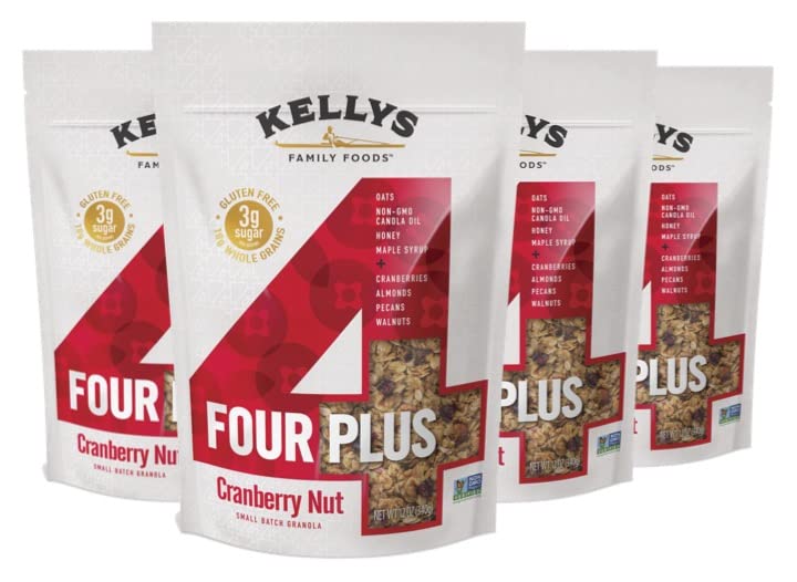 Kellys Four Plus Granola Cereal | Cranberry Nut Healthy Granola for Yogurt | Hand Made Snacks for Breakfast - 12 oz (Pack of 4)