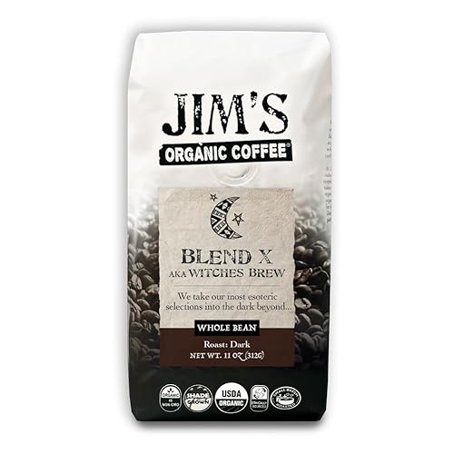 Jim’s Organic Coffee - Blend X AKA Witches Brew: Whole Bean Very Dark Roast (11oz) -100% Arabica Coffee Beans - USDA Certified Organic - Kosher