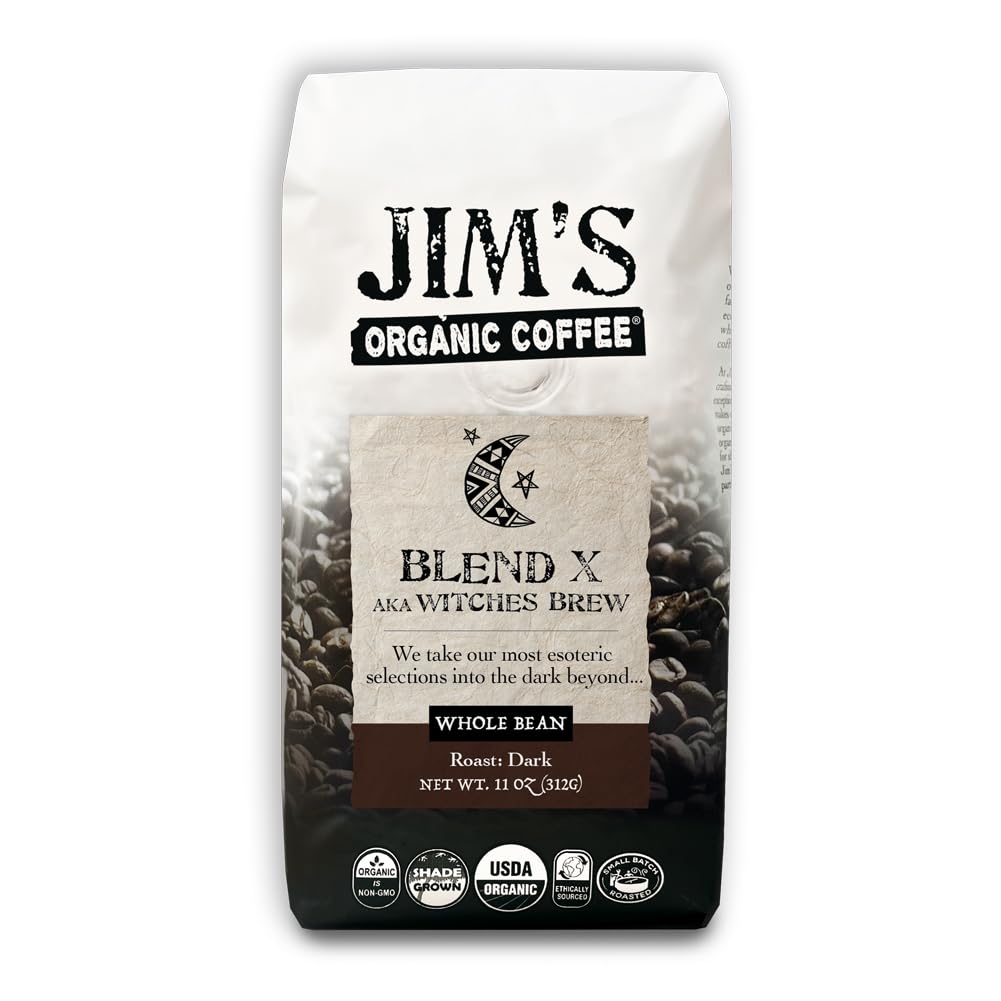Jim’s Organic Coffee - Blend X AKA Witches Brew: Whole Bean Very Dark Roast (11oz) -100% Arabica Coffee Beans - USDA Certified Organic - Kosher