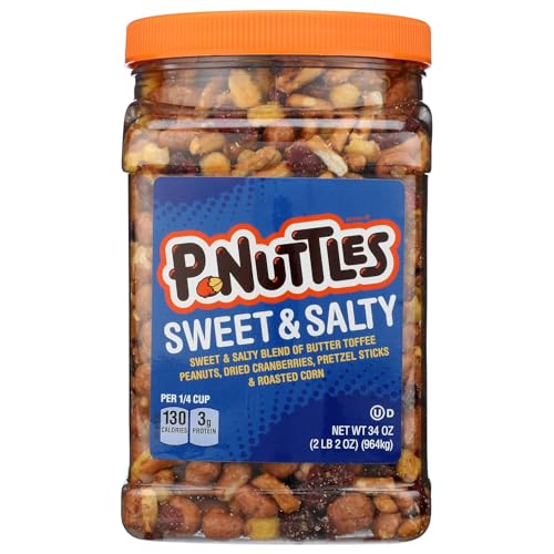 P-Nuttles Sweet & Salty Snack Mix, 34 Oz Jar (Pack of 1) - Butter Toffee Covered Peanuts with Dried Cranberries, Pretzel Sticks & Roasted Corn
