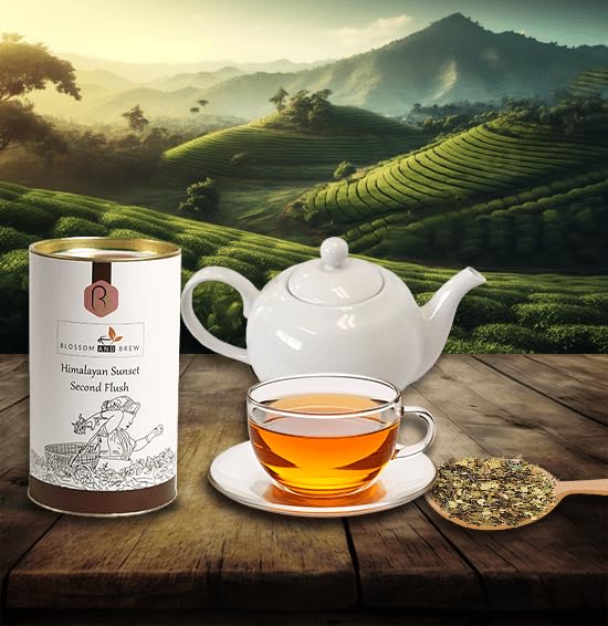 Blossom & Brew Himalayan Sunset Second Flush Darjeeling Black Tea (1.76oz/25 Cups) - Bold Indian Loose Leaf Chai with Rich Harvest Flavor & Muscatel