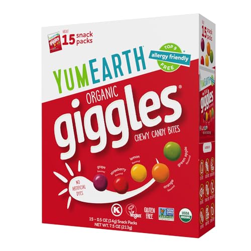 YumEarth Organic Giggles Chewy Candy - Allergy Friendly, No Artificial Dyes, Non GMO, Gluten Free, Fruit Flavored, Vegan Candy Snacks 0.5 oz (Box