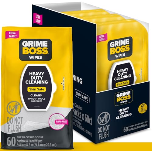 Grime Boss Heavy Duty Surface and Hand Wipes (4x60ct) | Wet Wipe Remove Paint, Oil, Grease, Adhesives, Mud, Dirt | Shop Rag Replace Cleaners like