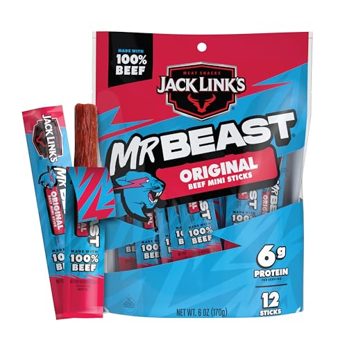 Jack Link's x MrBeast Original Mini Beef Jerky Sticks - Individually Wrapped Protein Snacks - 6g Protein per Serving - Made with 100% Real Beef - (12