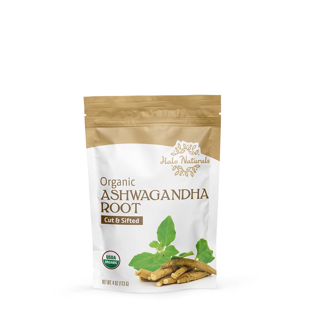 Halo Naturals Organic Ashwagandha Root Cut & Sifted, 4 Ounces (Withania somnifera) USDA Certified | Resealable Pouch| Packaged in The USA