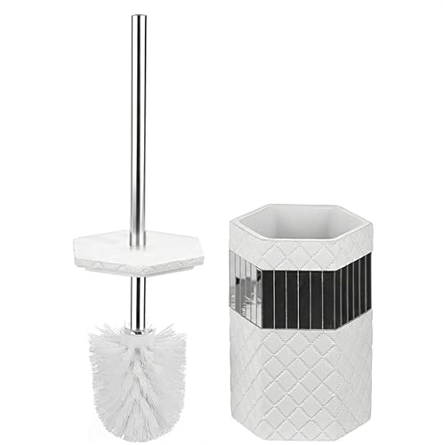 Creative Scents Quilted Mirror Bathroom Toilet Brush Set - White Toilet Bowl Brush and Holder - Good Grip Toilet Bowl Cleaner Brush and Holder