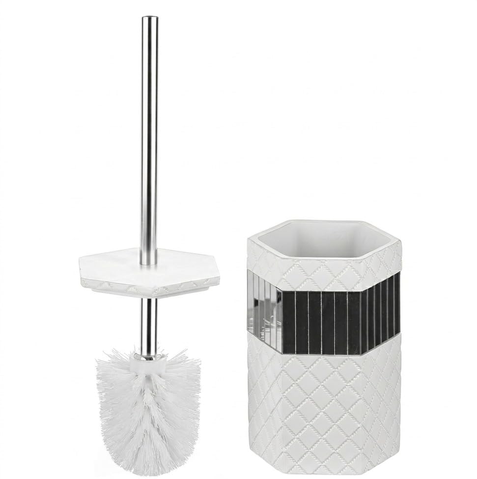Creative Scents Quilted Mirror Bathroom Toilet Brush Set - White Toilet Bowl Brush and Holder - Good Grip Toilet Bowl Cleaner Brush and Holder