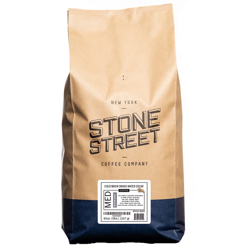 Stone Street Cold Brew Decaf Coffee Beans, Swiss Water Process, Low Acid, 100% Arabica, Gourmet Coffee, Medium Roast, Whole Bean, 5 LB