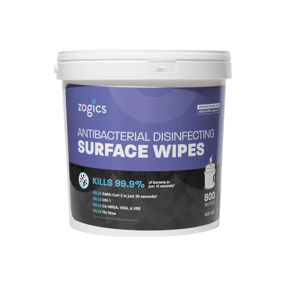 Zogics Antibacterial Wipes, EPA Registered Surface and Gym Equipment Disinfecting Wipes (800 Wipes) + Reusable Wipe Bucket Dispenser