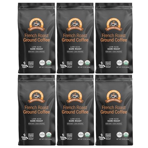 Alex's Low Acid Organic Coffee 12oz Bag - Fresh Ground French Roast (Pack of 6)