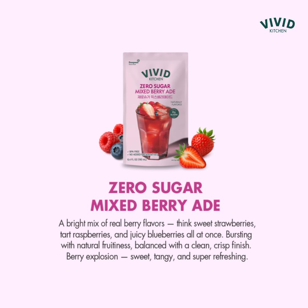 VIVID KITCHEN | Mixed Berry Ade Pouch drinks - Zero Sugar, Zero Calories | Korean Convenience Store Drink | No Artificial Preservatives or Corn Syrup