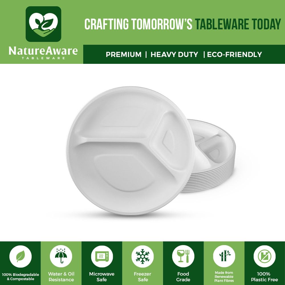 NatureAware Premium 10 Inch 3 Compartment Round White Paper Plates [50-Pack] -100% Compostable & Eco-Friendly Disposable, Heavy Duty, PFAS-Free, Made