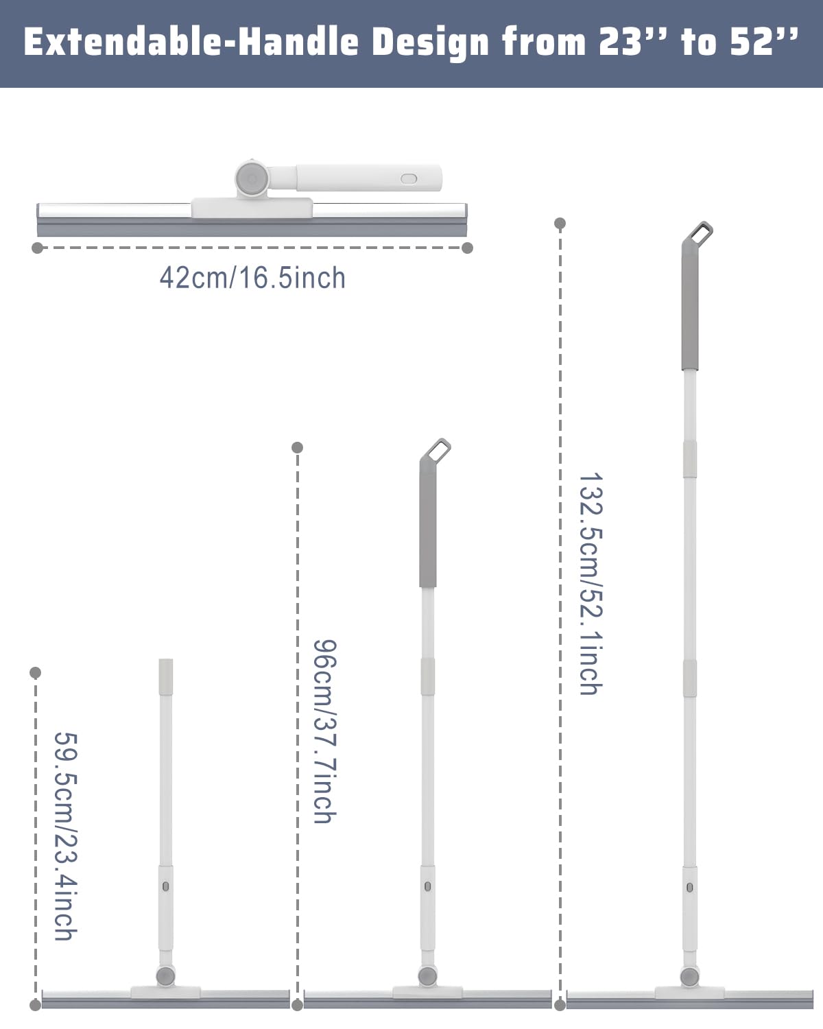 Qriveunet Heavy Duty Floor Squeegee for Concrete Floor- 16.7” Silicone Broom with Cloth Clip Design, 53” Extendable Window Cleaner, Bathroom Mop
