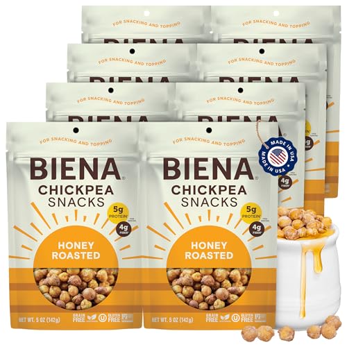 BIENA Chickpea Snacks - Crunchy Roasted Chickpeas - High Fiber Protein Snacks for Adults and Kids - 8-Pack, 5 Ounce Bags - Honey Roasted