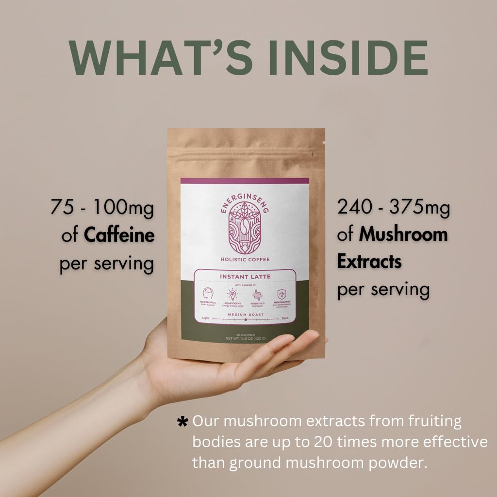 Energinseng Mushroom Coffee Instant Latte - Lion’s Mane, Reishi, Ginseng Adaptogen Coffee - Instant Coffee Alternative for Energy & Focus - Arabica