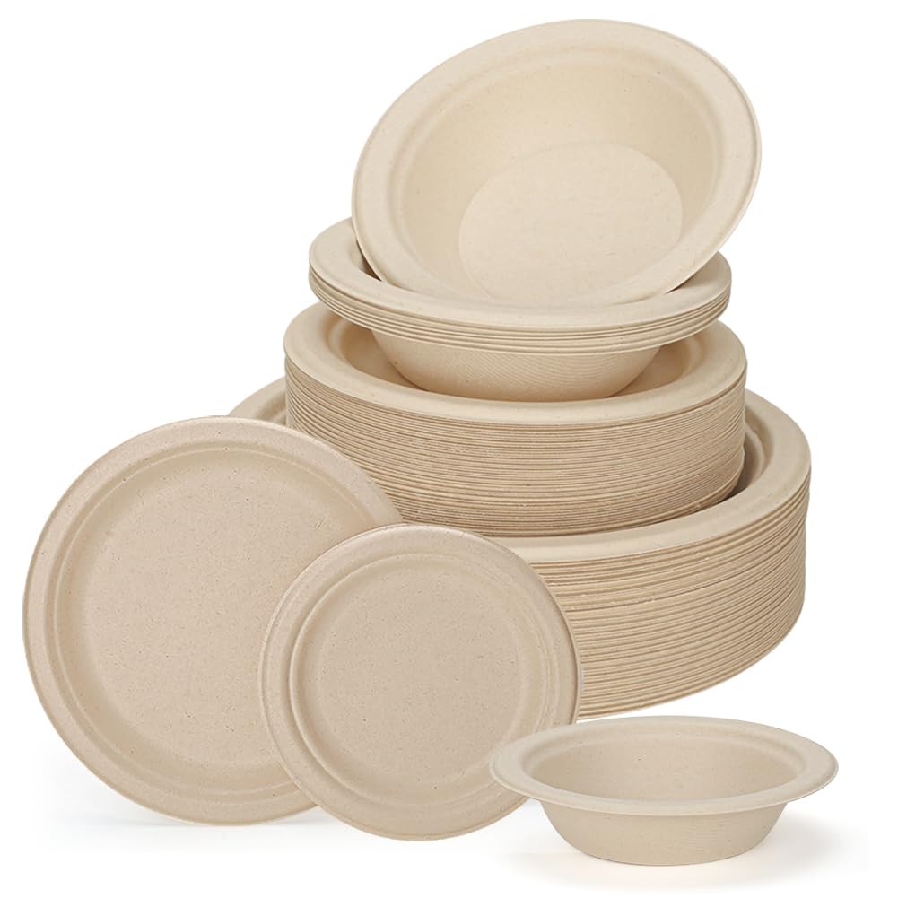 150 Pcs Disposable Paper Plates and Bowls Bulk, 50 Pack Compostable Paper Plates and Bowls Dinnerware Set, Include 7 Inch & 9 Inch Plate, 12 Oz