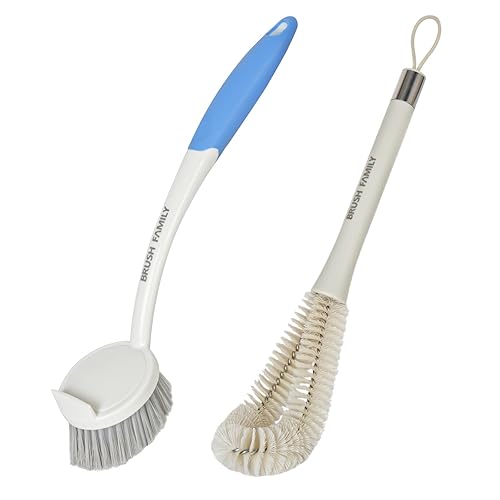 2 Pack Kitchen Scrub Brush, 2 in 1 Water Bottle Brush with Removable Straw Cleaner Dish Scrub Brush with Scraper Tip for Dishes, Pans, Bottle, Cups