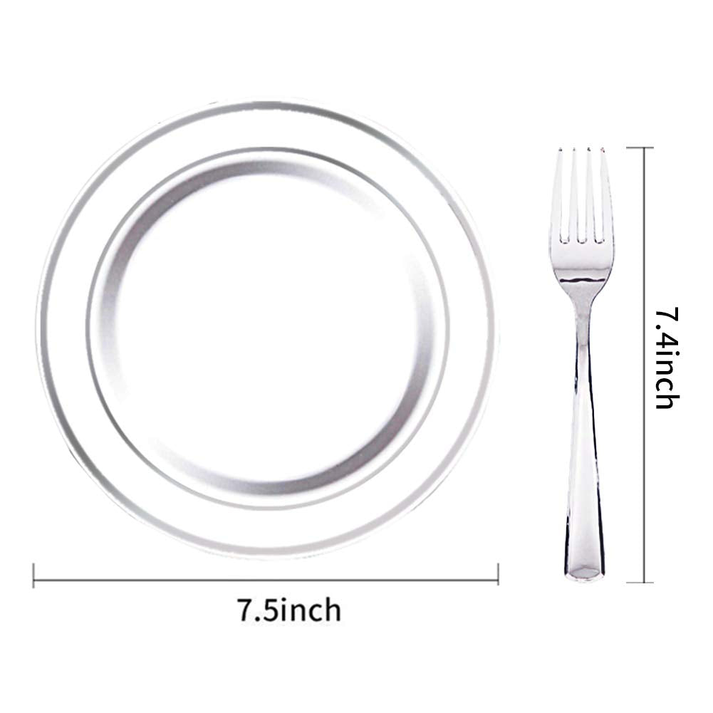 Nervure 204PCS Silver Plastic Plastes - 102PCS Disposable Silver Dessert Plates with 102PCS Plastic Forks Perfect for Salads, Desserts, Catering