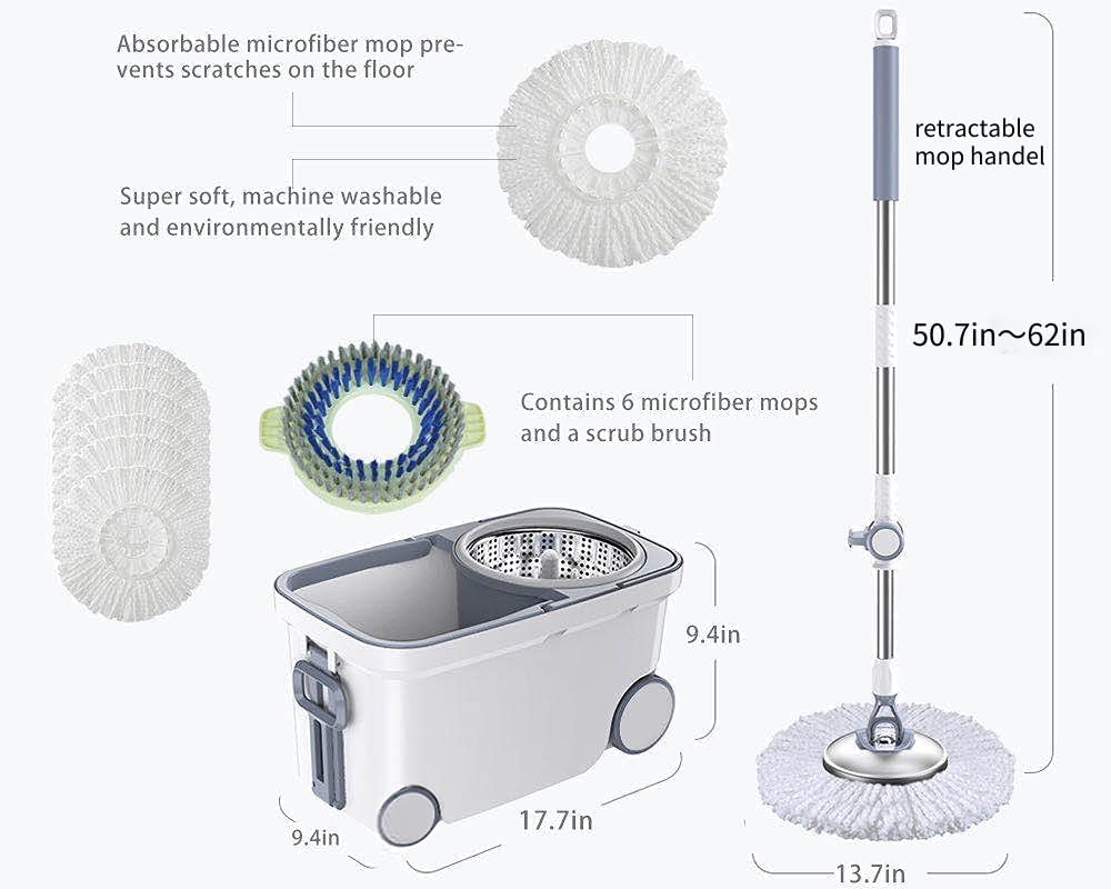 Michao Spin Mop Bucket Deluxe 360 Spinning Floor Cleaning System with 6 Microfiber Replacement Head Refills,62" Extended Handle,4X Wheel for Home