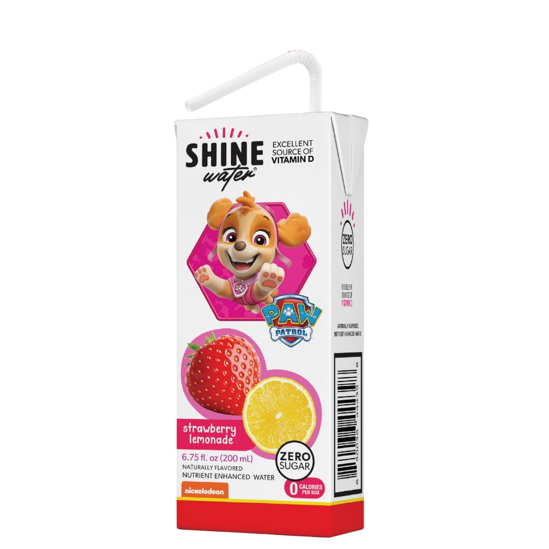 Shine Water Strawberry Lemonade Kids Drink Box- Pack of 8 (6.75 Fl Oz Each) - Naturally Flavored Water with Vitamin D, Zero Sugar, Low Calorie