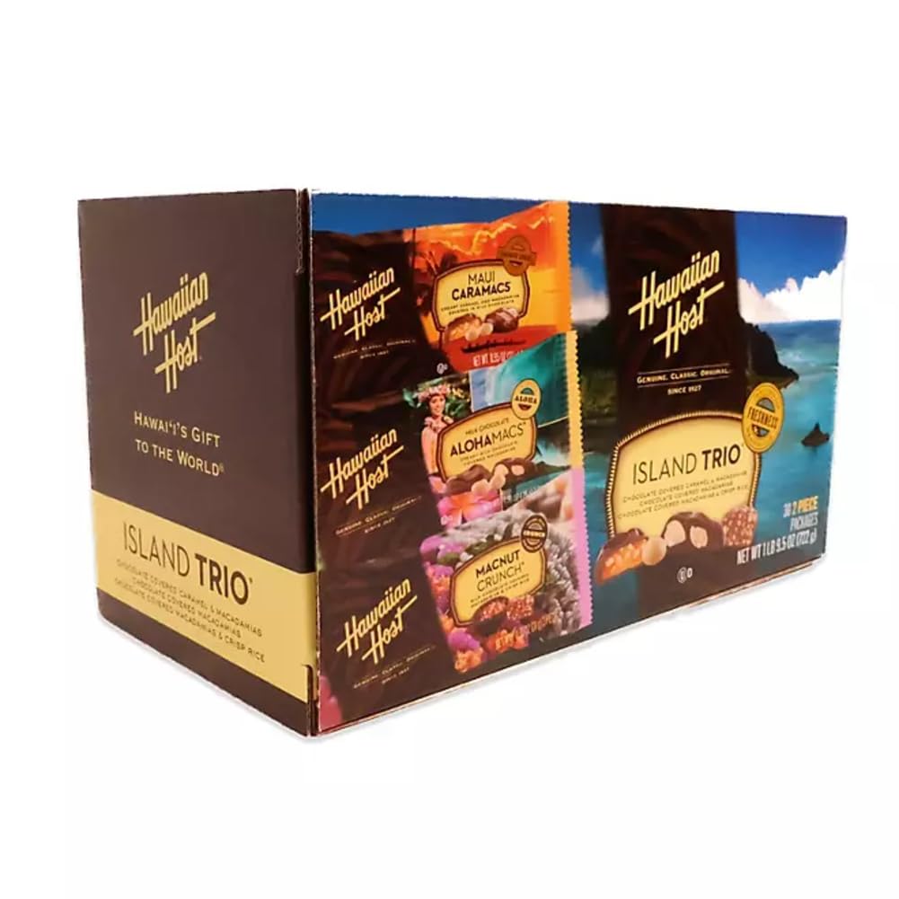 Hawaiian Host Island Trio - Maui Caramacs, AlohaMacs Milk, and MacNut Crunch - Chocolate Covered Macadamia Nut Gift Box - Premium Hawaiian Treats (30
