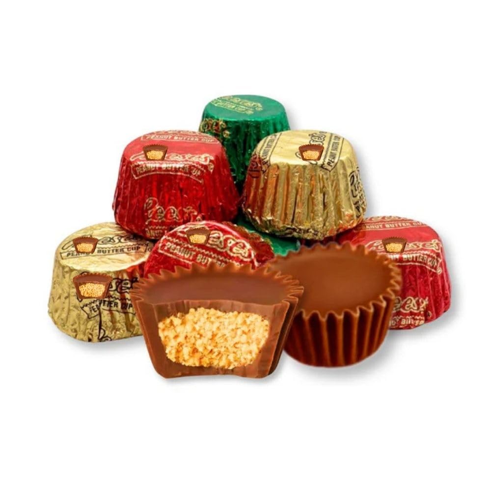 Miniature Chocolate Peanut Butter Cup Candy Holiday Foil Wrapped Bulk Bag - 1 lb (Approx. 50 pieces)