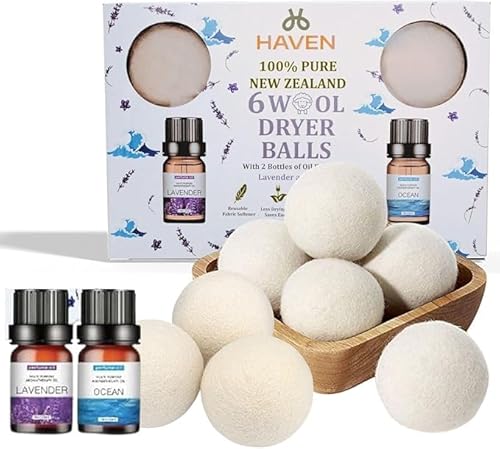Haven Wool Dryer Balls with Essential Oils - 6-Pack Natural Reusable Laundry Balls with Lavender & Ocean Scents - Eco-Friendly Fabric Softener