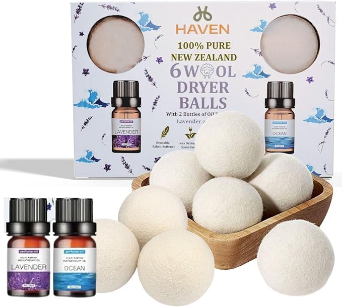 Haven Wool Dryer Balls with Essential Oils - 6-Pack Natural Reusable Laundry Balls with Lavender & Ocean Scents - Eco-Friendly Fabric Softener