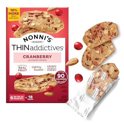 Nonni's THINaddictives Cranberry Almond Nut Cookies, Sweet Crunchy & Chewy Crisps, Individually Wrapped, Kosher Snack, Perfect with Coffee, 6 Packs