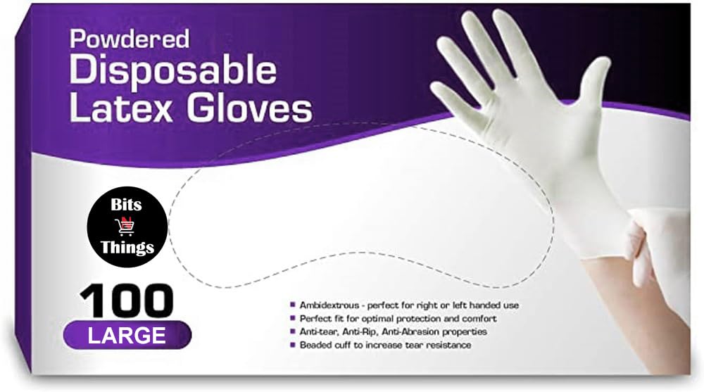Bits N Things Latex Disposable Gloves | Comfortable | Powdered | 100 Count (Medium | MED)
