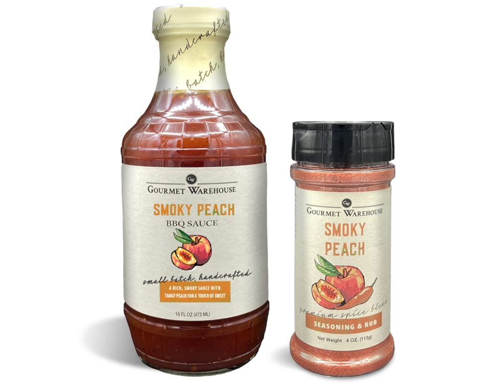 Gourmet Warehouse Smoky Peach BBQ Sauce and Smoky Peach BBQ Rub Seasoning | Handcrafted In Small Batches | Gluten-Free No MSG | 16 Ounces / 4 Ounces