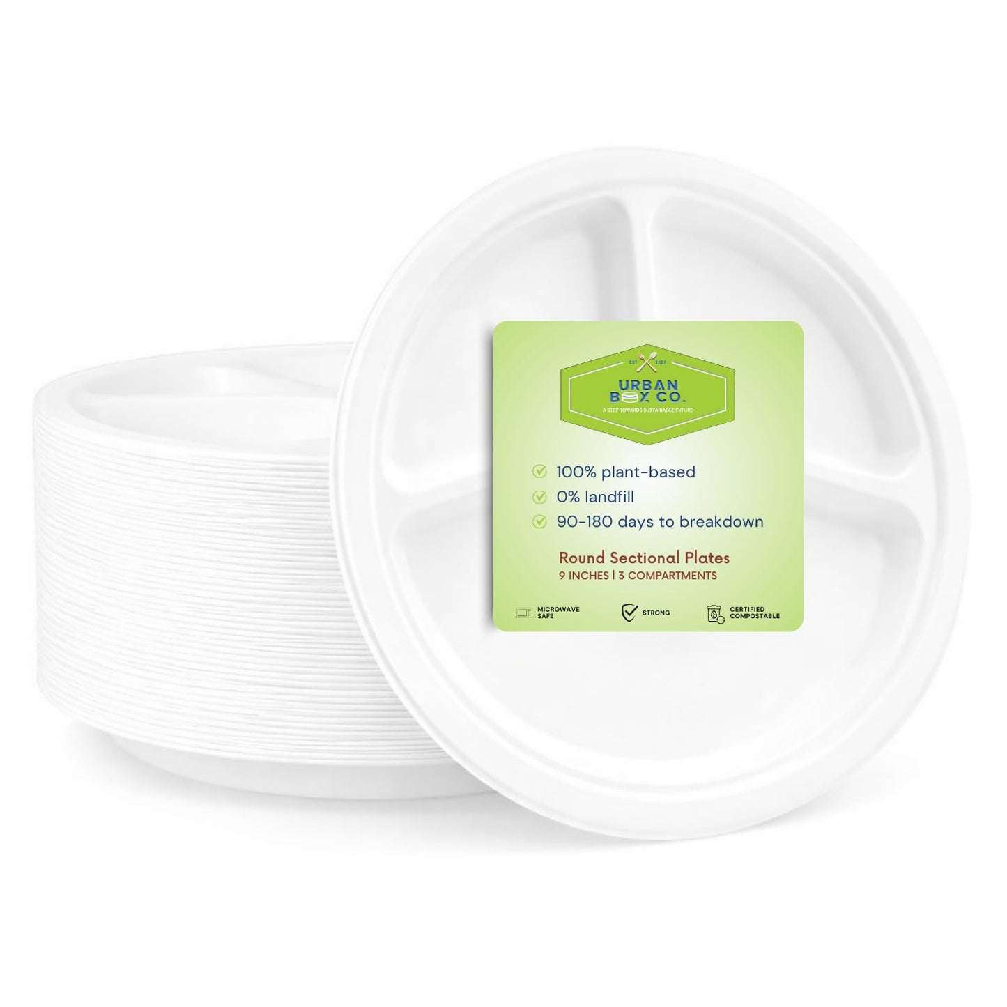 Urban Box Co. 9 Inch 3 Compartment Paper Plates - 150 Pack Heavy-Duty & Sturdy Sectional Compostable Dinner Plates, Perfect for Everyday Use