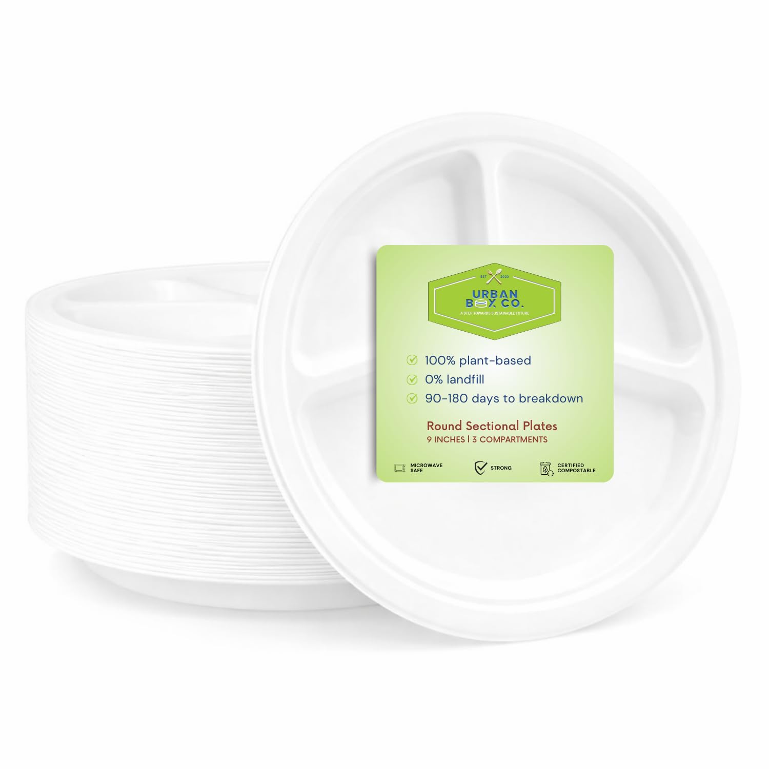 Urban Box Co. 9 Inch 3 Compartment Paper Plates - 150 Pack Heavy-Duty & Sturdy Sectional Compostable Dinner Plates, Perfect for Everyday Use
