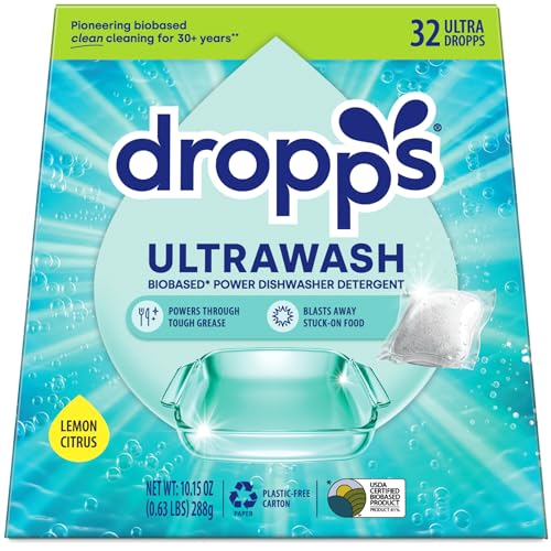 Dropps UltraWash Dishwasher Detergent Pods, Lemon Citrus (32 Ct) - Cuts Grease & Stuck-On Food | Sparkling Dishes & Glasses | Residue-Free | Clean