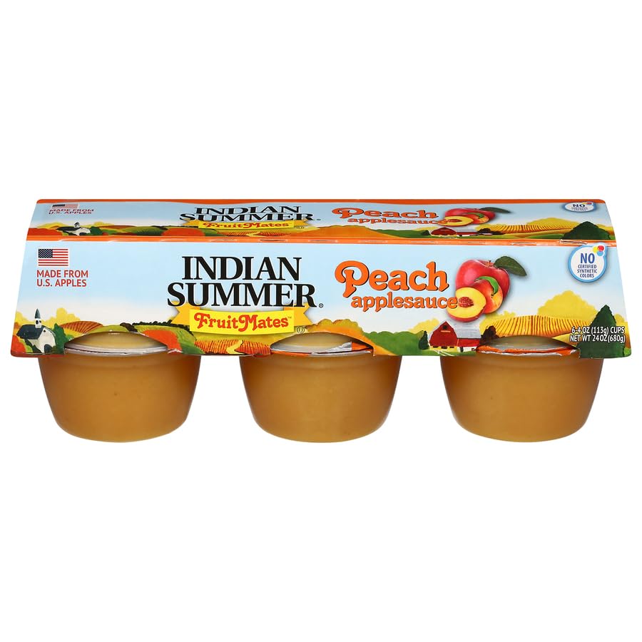 Indian Summer Single Serve Peach Apple Sauce, Individually Packed Applesauces, 6 Single Cups, 4 Ounces Each (Peach)