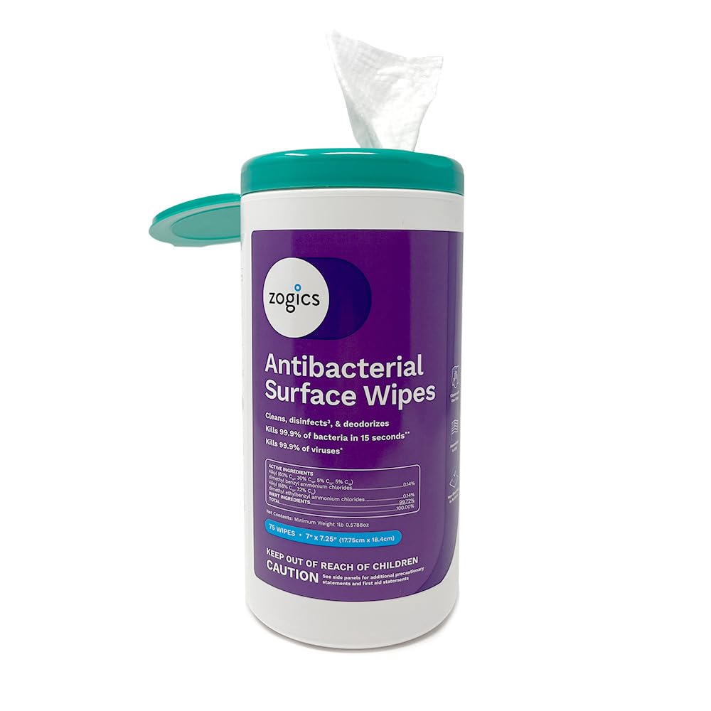 Zogics Antibacterial Disinfecting Wipes, 75-Count Canister (Case of 6 Canisters), Alcohol-Free Multi-Surface Wipes