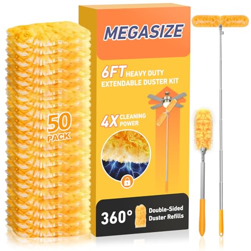 6 ft Heavy Duty Extendable Duster Handle with 50 Refills for Swiffer Duster, 360° Multi-Surface Dusters with 4X Cleaning Power for Home, Ceiling Fans