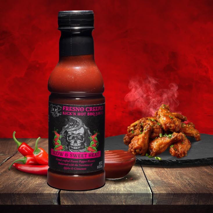Tony Piggs Hot BBQ Sauce Fresno Creeper Flavor (19oz)- Great Condiment Topping for Wings, Ribs & Burgers at Parties- Barbecue Sauce w Hot Sauce Heat