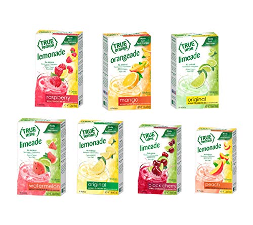 True Lime 7 flavor variety Pack: WATERMELON AQUA FRESCA, LIMEADE, Original Lemonade, Peach, Black Cherry, Raspberry & Mango Orange. True Citrus