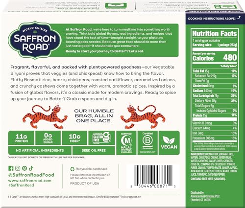 Saffron Road Frozen Vegetable Biryani - Seed Oil Free, No Artificial Ingredients, Gluten-Free, Vegan - 10 Ounce