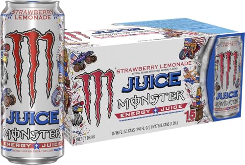 Monster Energy Juice Strawberry Lemonade, Energy + Juice, Energy Drink, 16 Ounce (Pack of 15)